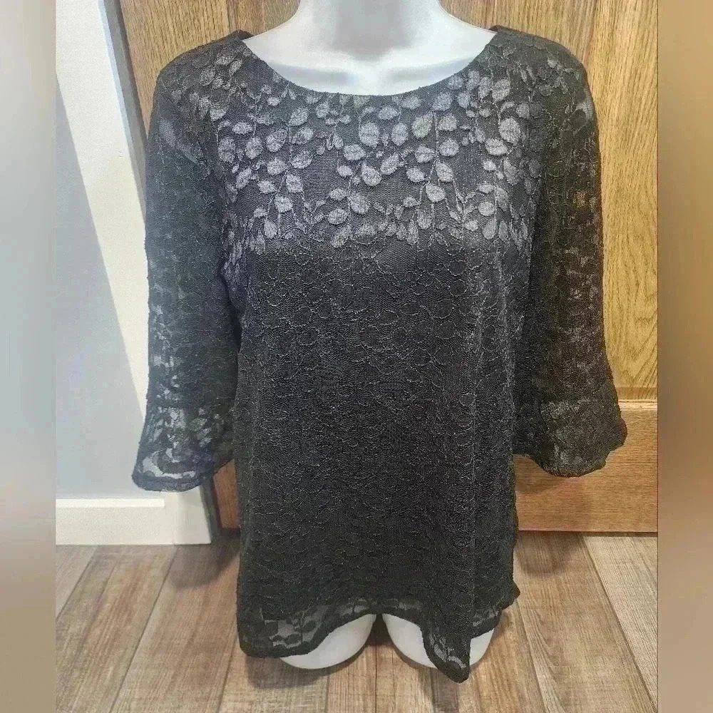 Adrianna Papell Black Lace Long Bell Sleeve Lined Nylon Blouse Medium SPARKLE